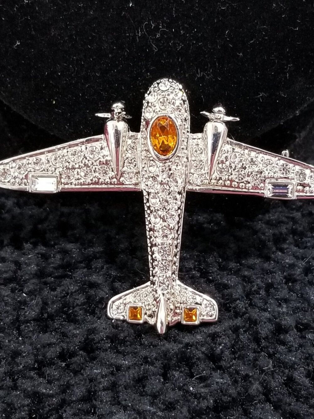 Vintage Silver Rhinestone Airplane Brooch Topaz Aviation Pilot